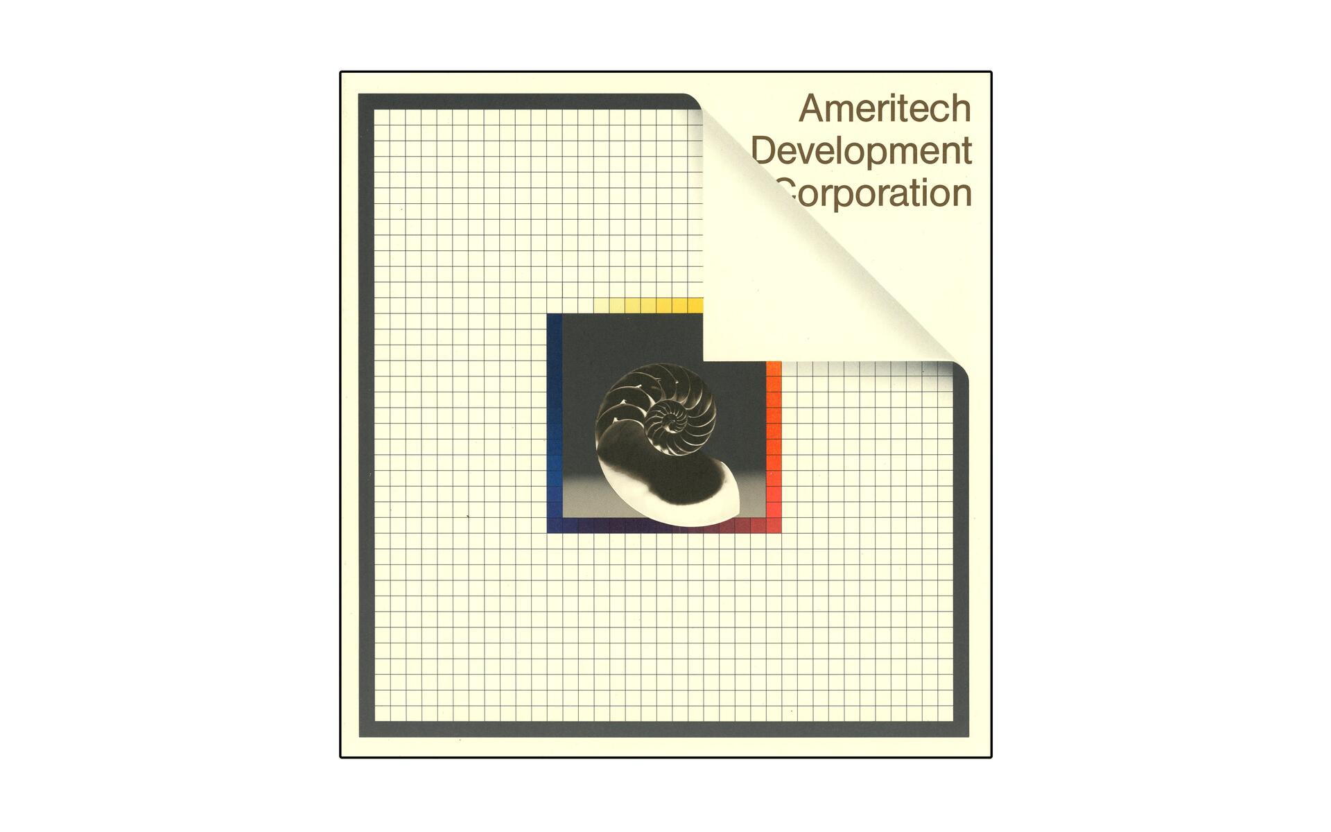 Ameritech Development Corporation logo featuring a nautilus shell on a grid background with a folded corner.