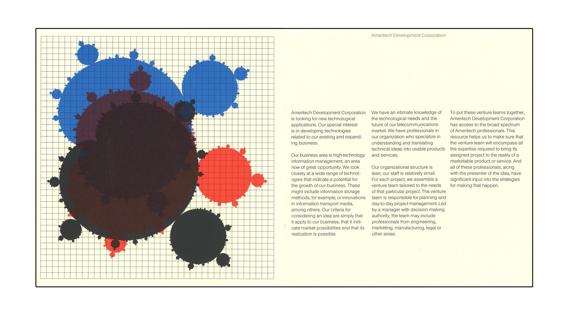 Colorful fractal pattern with shades of blue, red, and black, set on a grid background on the left. On the right, text detailing corporate information for Ameritech Development Corporation in columns.