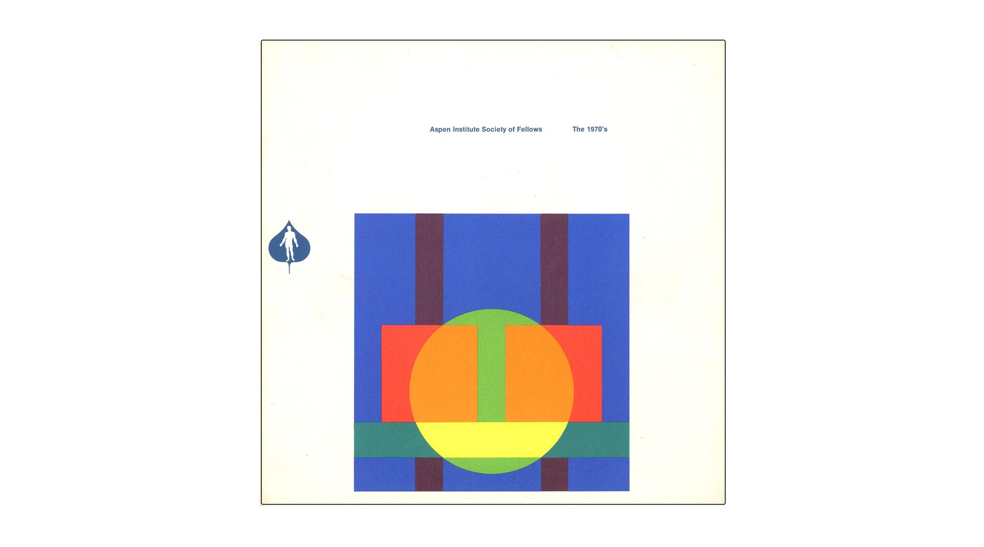 Abstract geometric artwork with a colorful, overlapping circle and rectangle design on a blue background. A blue emblem with a white silhouette of a person appears on the left.