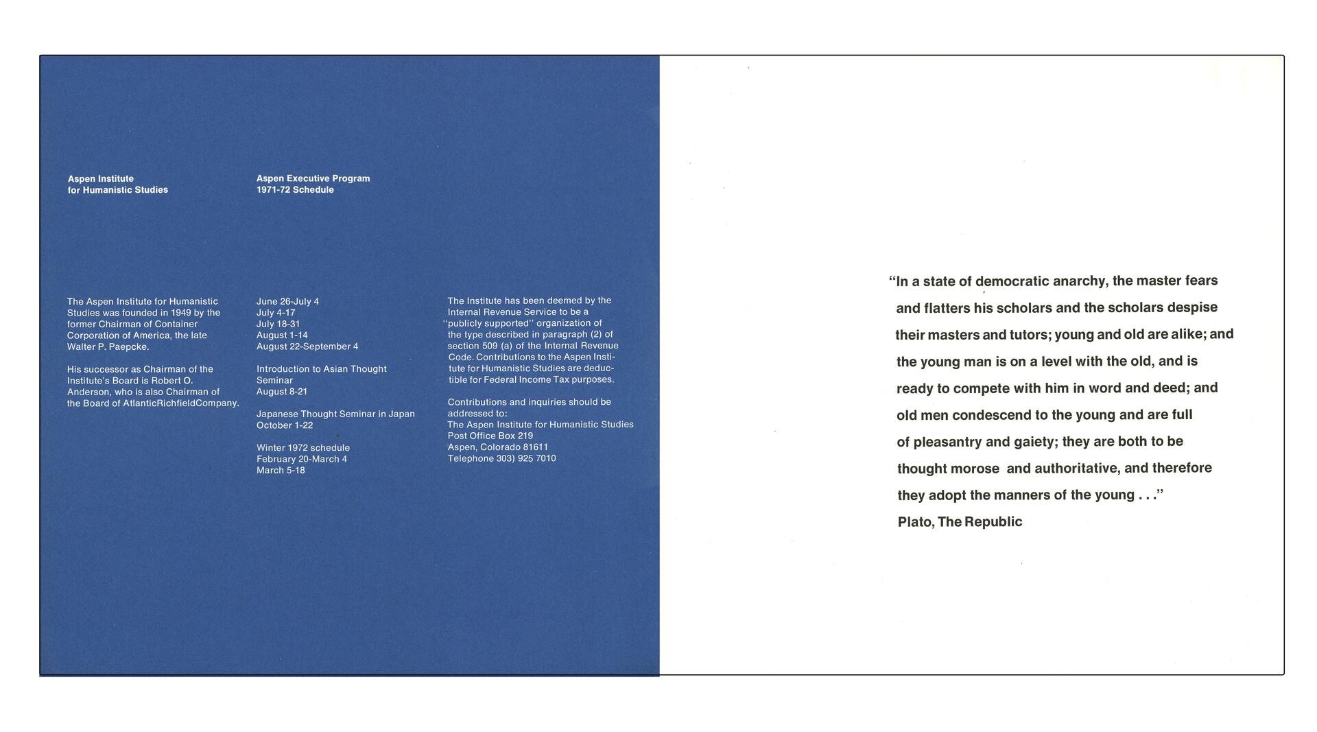 Blue and white brochure for the Aspen Institute for Humanistic Studies. Left side lists program details and contact information. Right side features a quote from Plato's "The Republic."