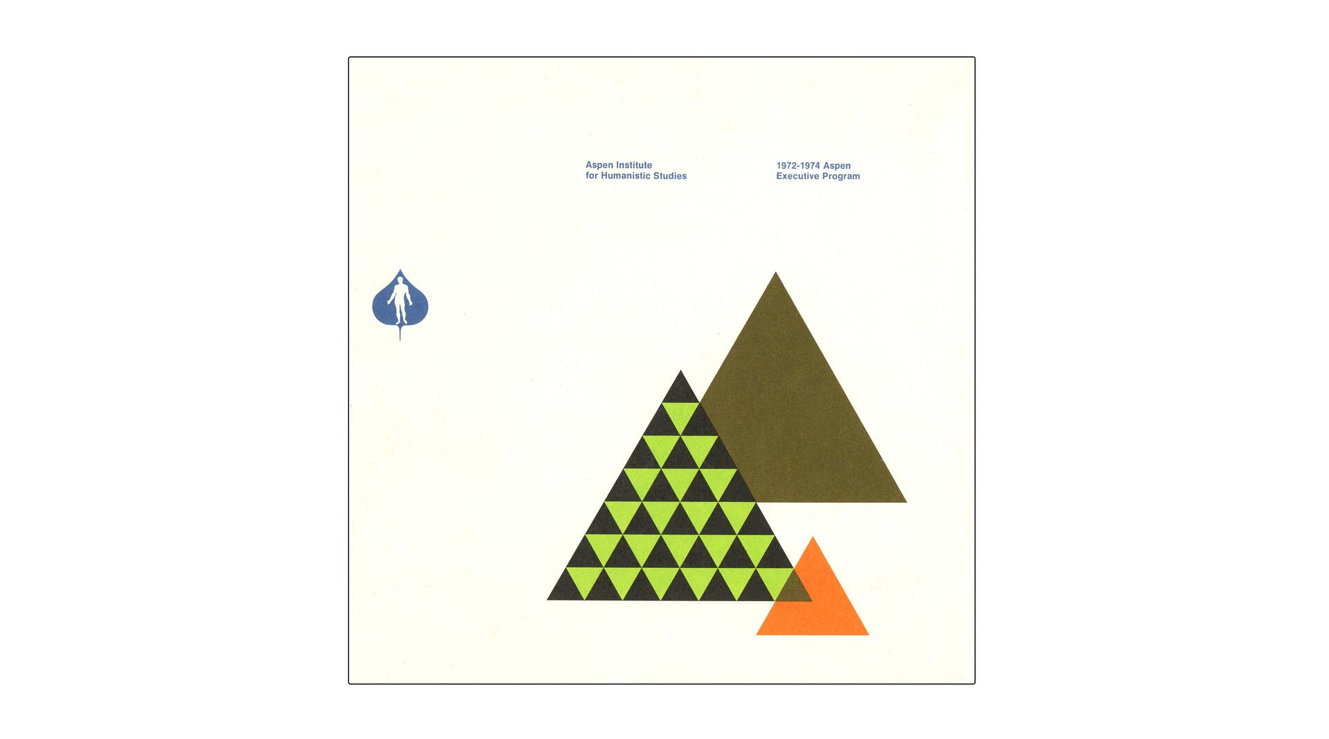 Abstract design with a green and black triangle pattern, a brown triangle, and a smaller orange triangle on a plain background. Blue logo of a stylized figure within a leaf shape appears to the left with text identifying an institute and program.