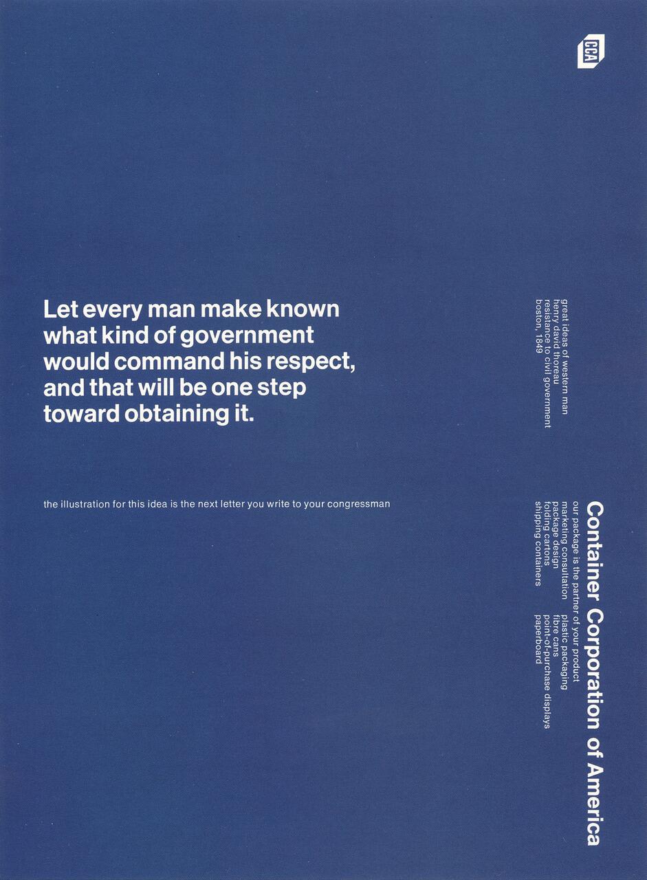 Blue background with white text quote about government and respect. "Container Corporation of America" written vertically on the right.