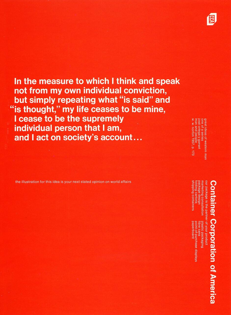 Bold white text on a red background, featuring a quote about individual conviction and societal influence. A small logo in the top right corner.