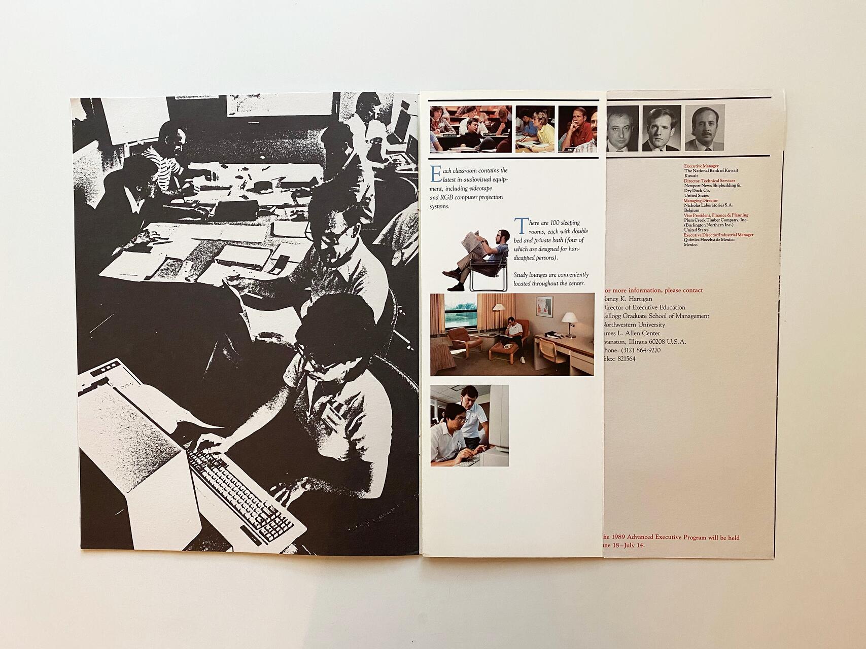 Black-and-white photo of people working at a table with computers and papers. Adjacent color images show classroom and hotel scenes with people engaged in activities. Text details educational programs and contact information on the right side.