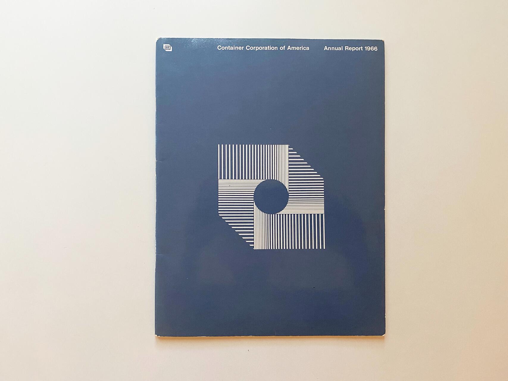 Blue cover of the 1966 Annual Report for Container Corporation of America, featuring a geometric design of white lines forming a circular shape.