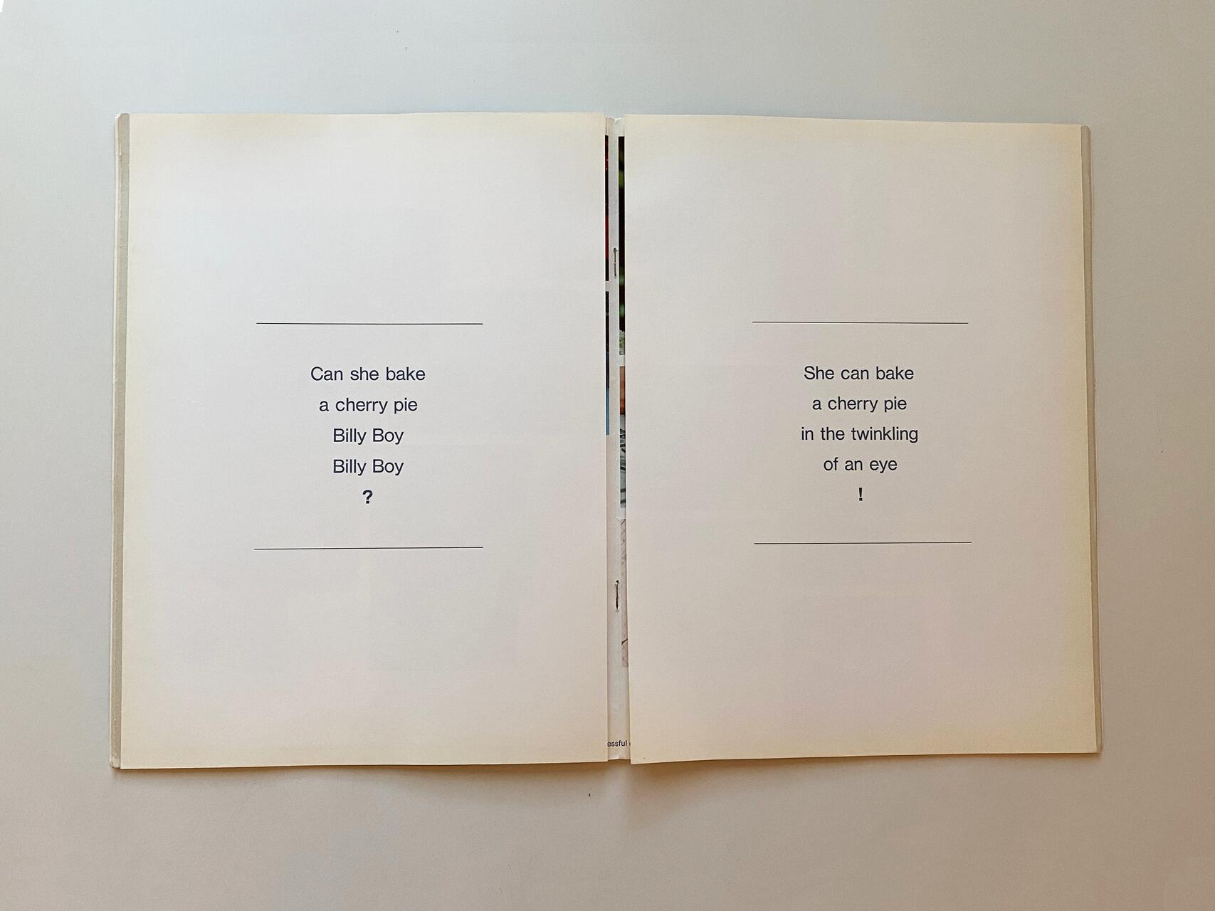 Open book with text on both pages. Left page reads a questioning poem about baking a cherry pie, ending with a question mark. Right page confirms she can bake it quickly, ending with an exclamation mark.