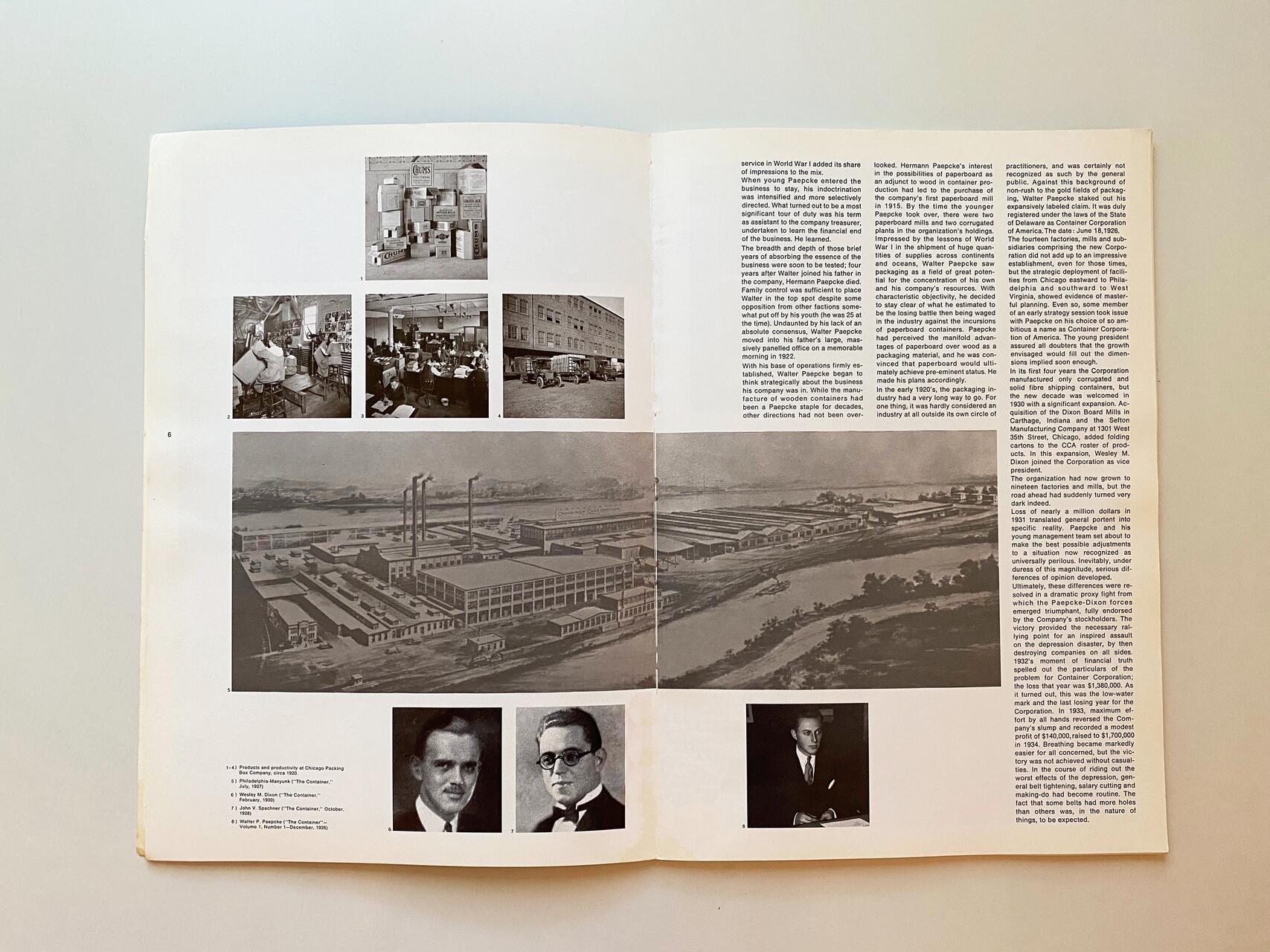 Open magazine spread with black-and-white images of factories, a warehouse interior, office workers, and portraits of three men. A large illustration of an industrial complex spans the center. Text columns fill the right-hand page.