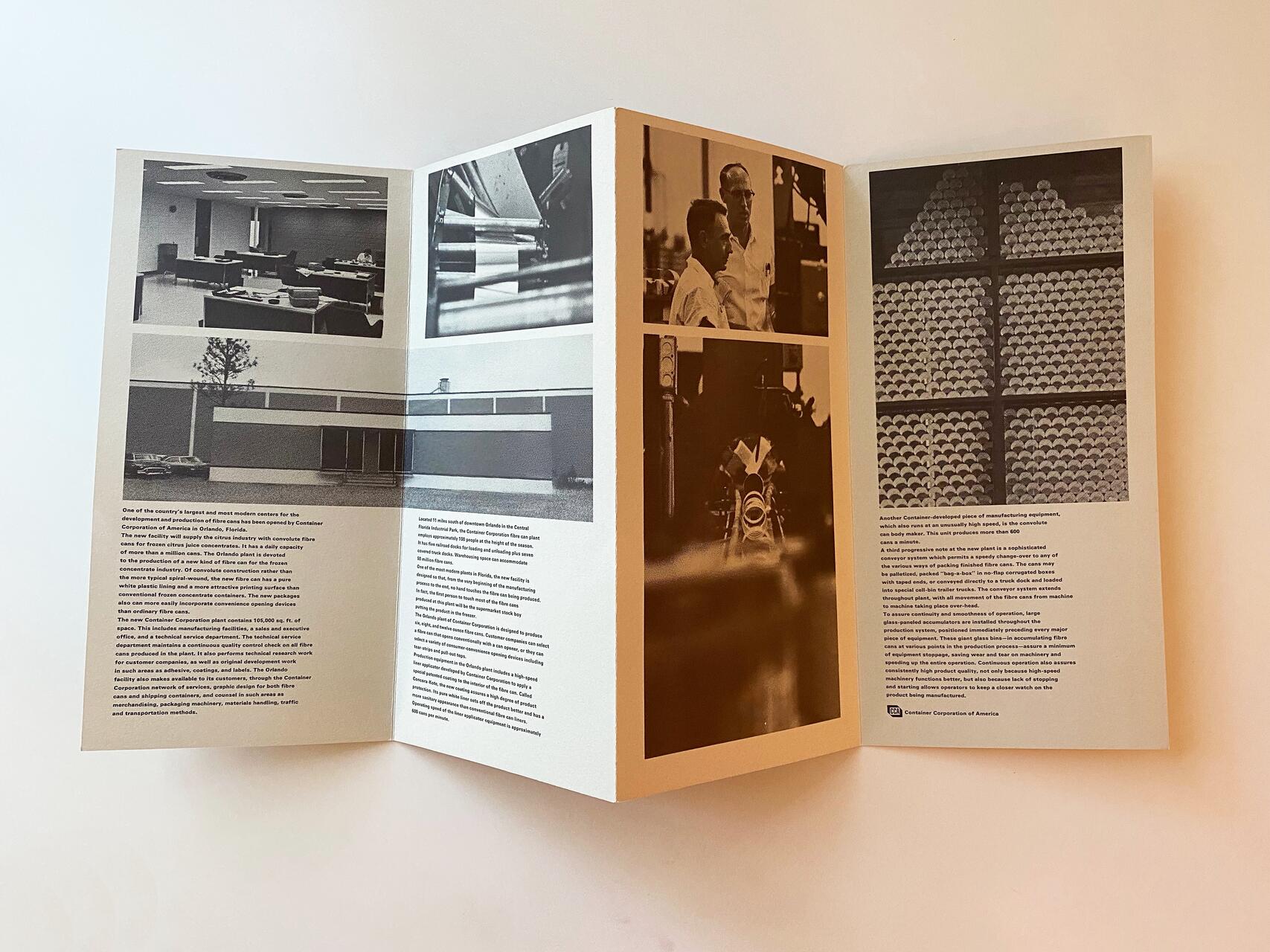 Brochure with black-and-white photographs of an office, manufacturing equipment, a building exterior, eggs stacked in trays, and two men in discussion, featuring text paragraphs in English.