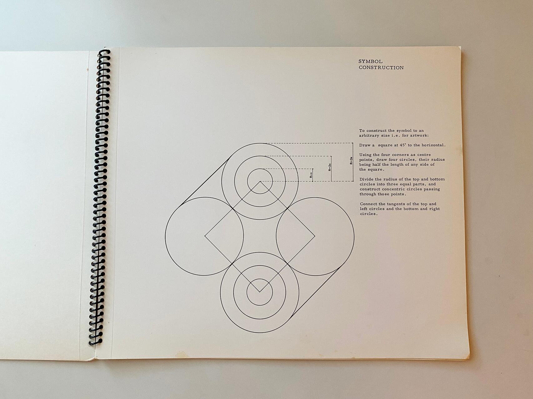 Spiral-bound page with geometric diagram of overlapping circles and squares labeled "Symbol Construction" with accompanying text instructions.