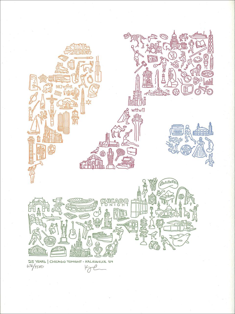 Graphics depicting stylized outlines of the U.S., featuring various iconic landmarks and cultural symbols in orange, purple, and green.