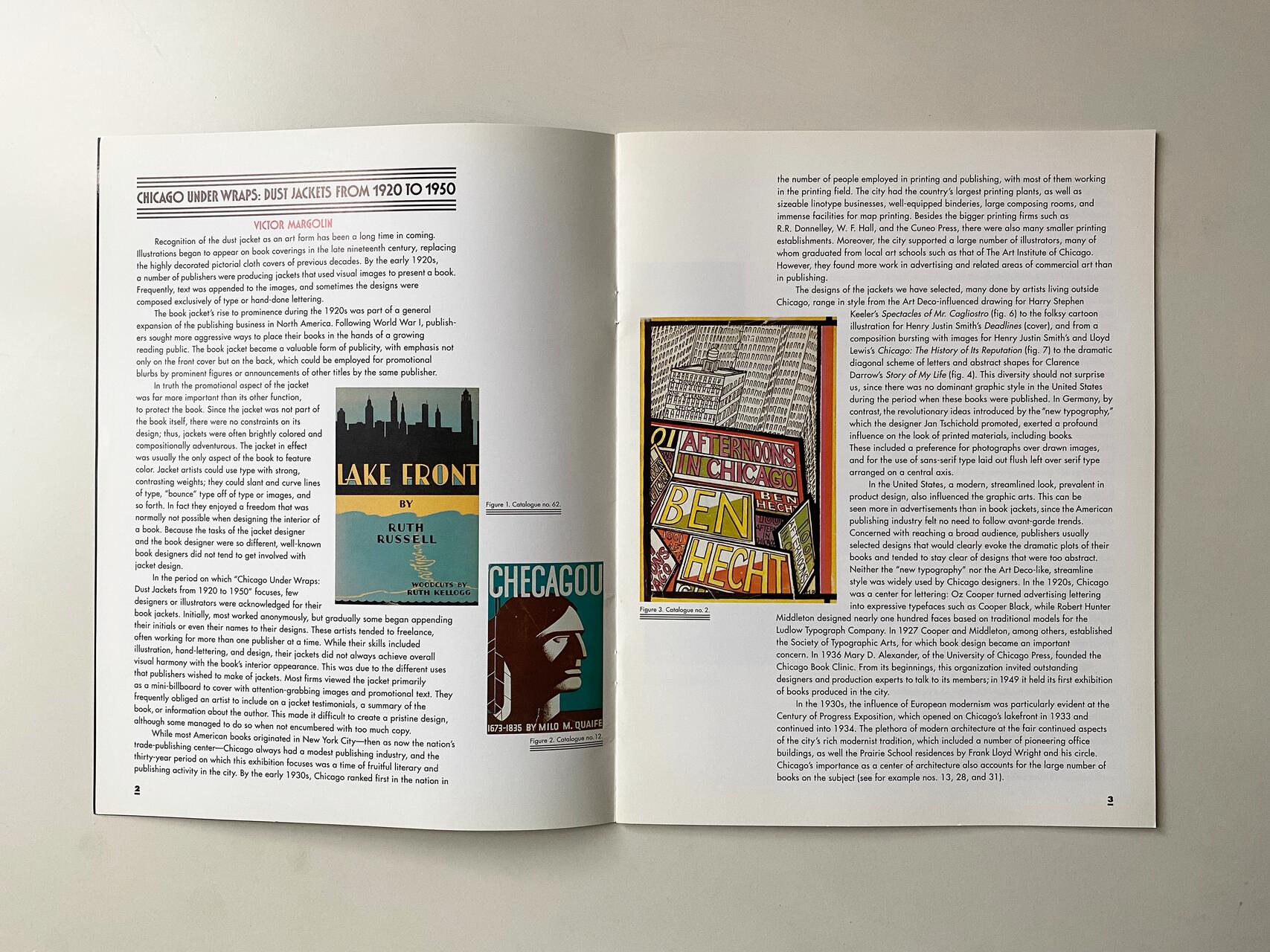 Magazine spread titled "Chicago Under Wraps: Dust Jackets from 1920 to 1950," featuring an article by Victor Margolin. Includes images of book covers like "Lake Front" by Ruth Russell and "Checagou" by Milo M. Quaife, and an illustration of "Afternoons in Chicago" by Ben Hecht.