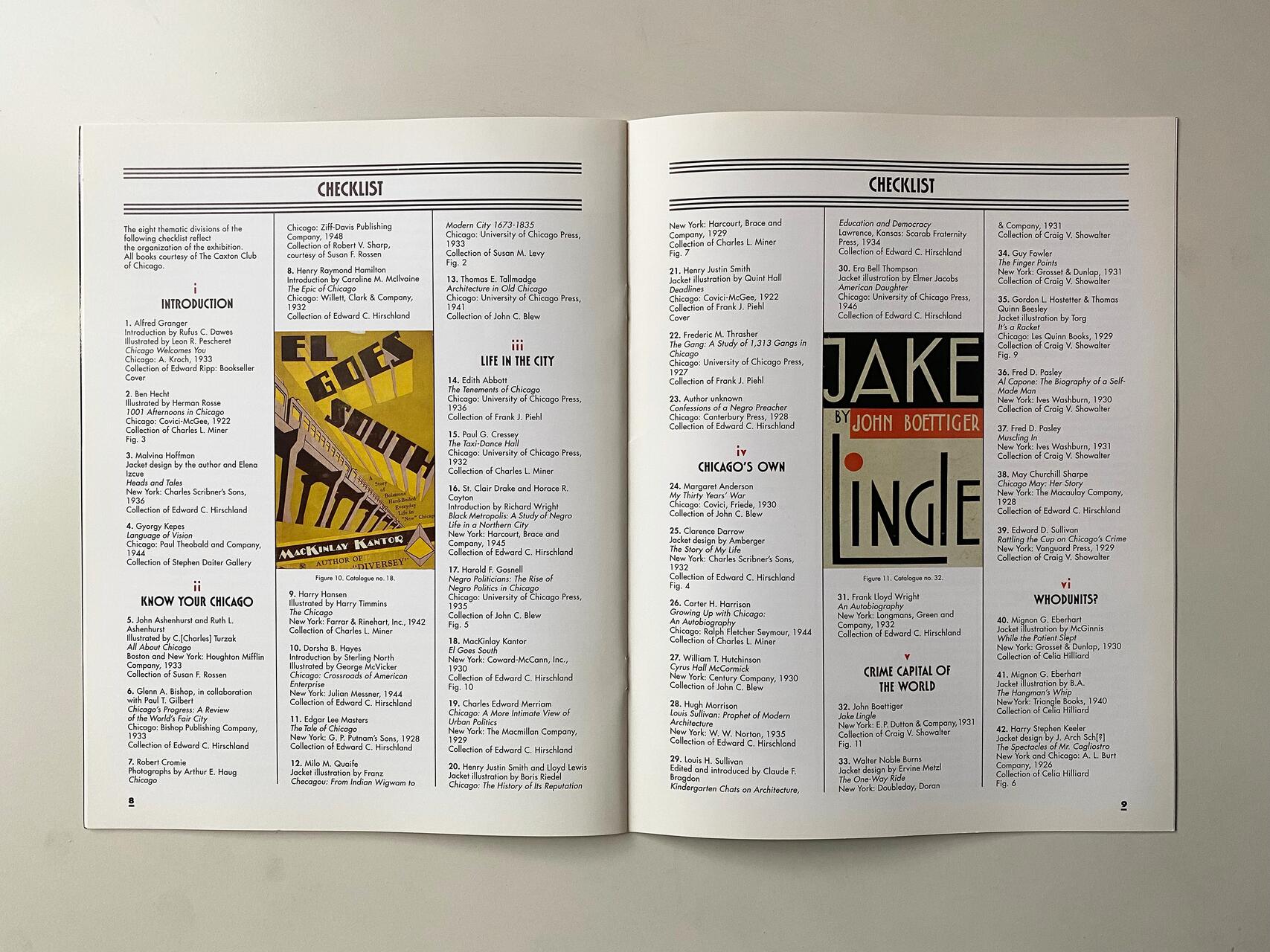 Two-page spread from a book, titled "CHECKLIST," listing books and authors. Includes two book cover images: "El Goes South" by MacKinlay Kantor, and "Jake" by John Boettiger. Text is organized in columns under headings like "Introduction" and "Life in the City."