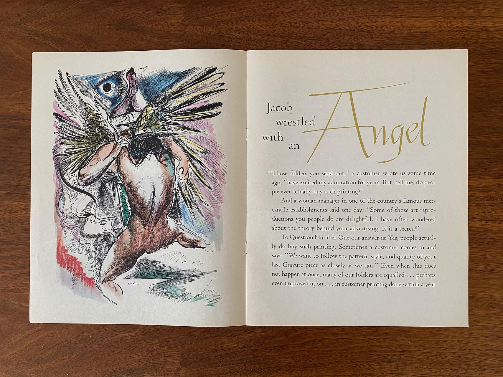 A colorful illustration depicts a winged figure with a bird-like face grappling with a muscular human. Text on the right reads "Jacob wrestled with an Angel," with a body of text in the lower half. The setting is on a wooden surface.
