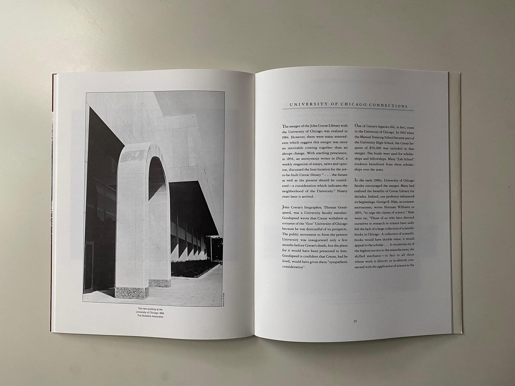 Open book showing a black and white photograph of a modern architectural building with arch design, accompanied by a text description about connections at the University of Chicago.