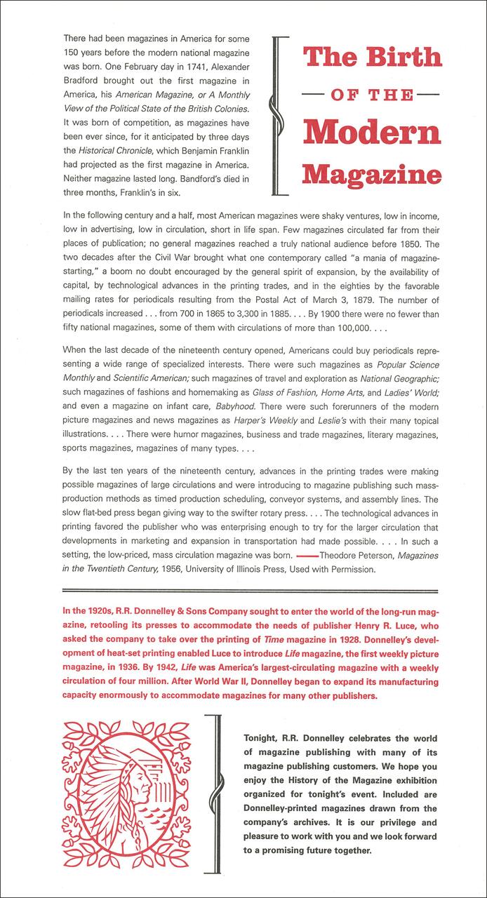 The page contains text about "The Birth of the Modern Magazine" alongside historical details on magazine publishing in America. It includes sections on the development and significance of magazines, with decorative elements at the bottom left and a graphic of red leaves and a face.