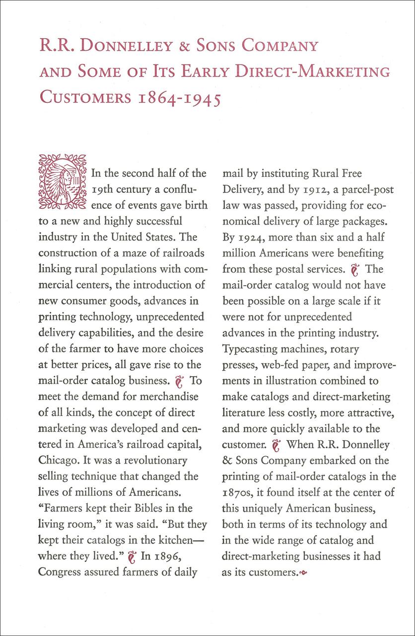 R.R. Donnelley & Sons Company history and impact on direct-marketing and mail-order catalogs from 1864-1945, describing advancements in printing and delivery during the late 19th century in the U.S., supported by innovations like rural delivery and typecasting machines.