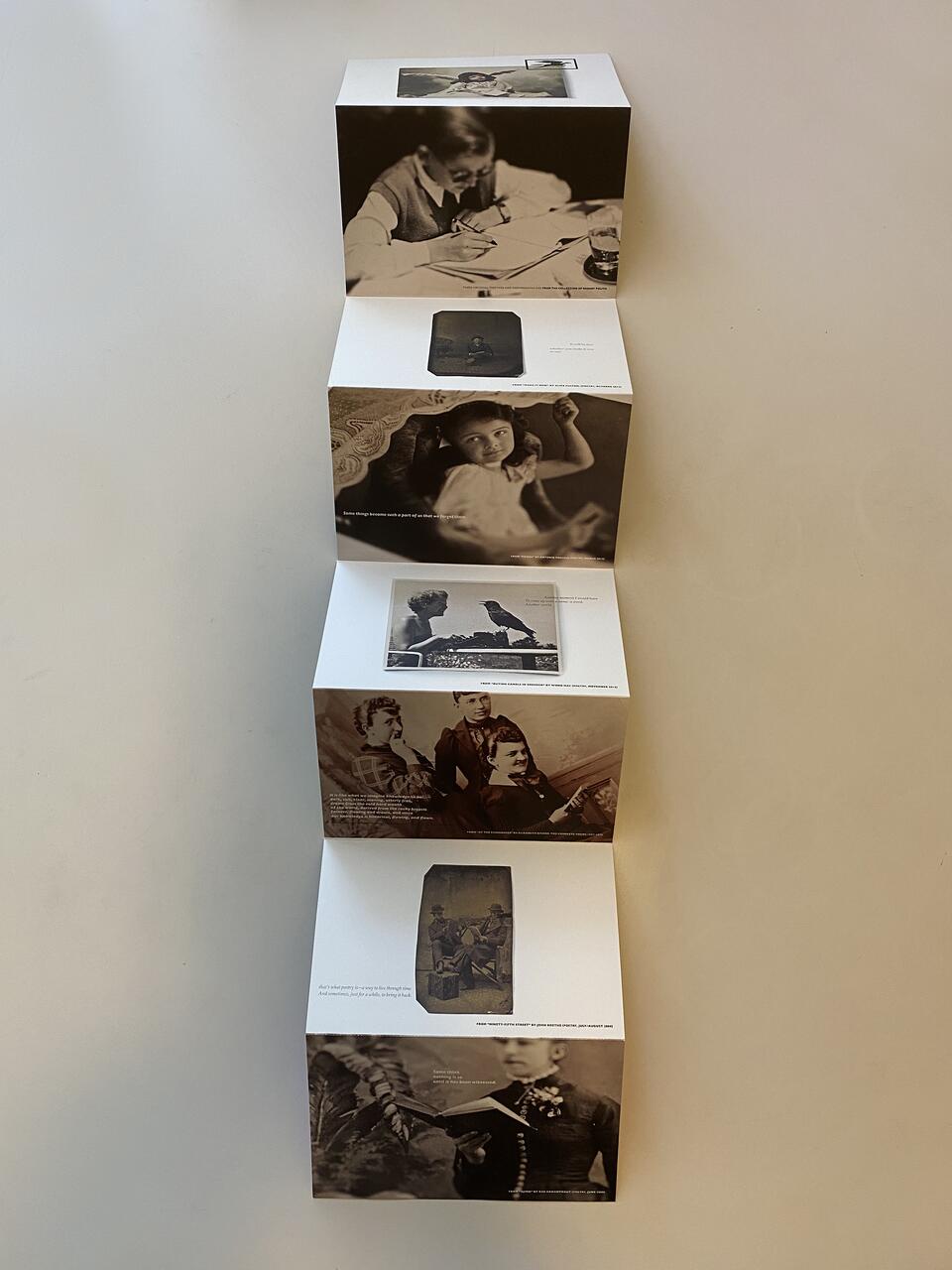 Stacked black-and-white photographs on a display, featuring people engaged in various activities such as writing, reading, and interacting with animals.