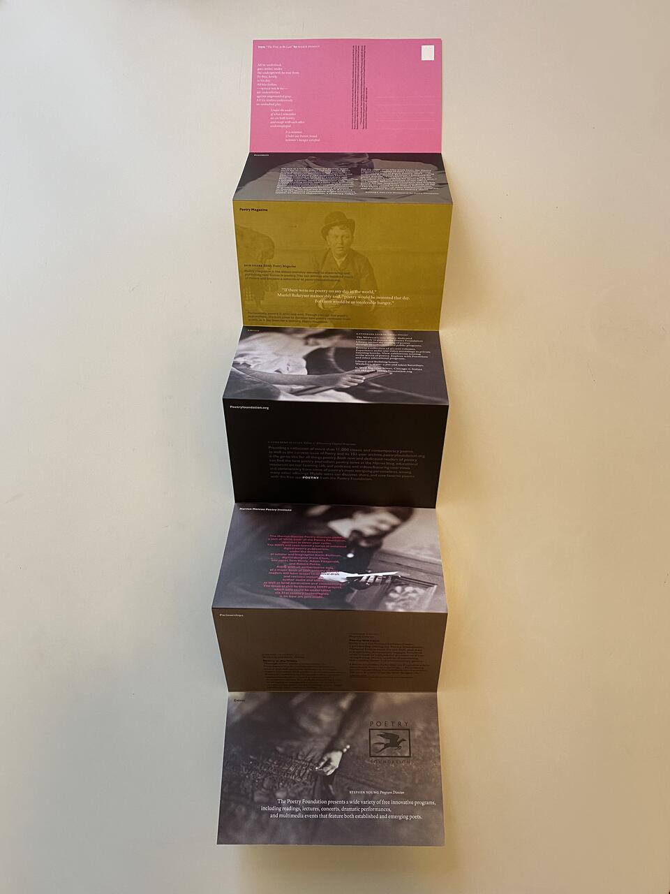 Folded brochure with multiple colored panels, including pink, yellow, and black sections. The text and images are visible, with poetry and artistic photos. A logo of the Poetry Foundation is on the bottom panel.