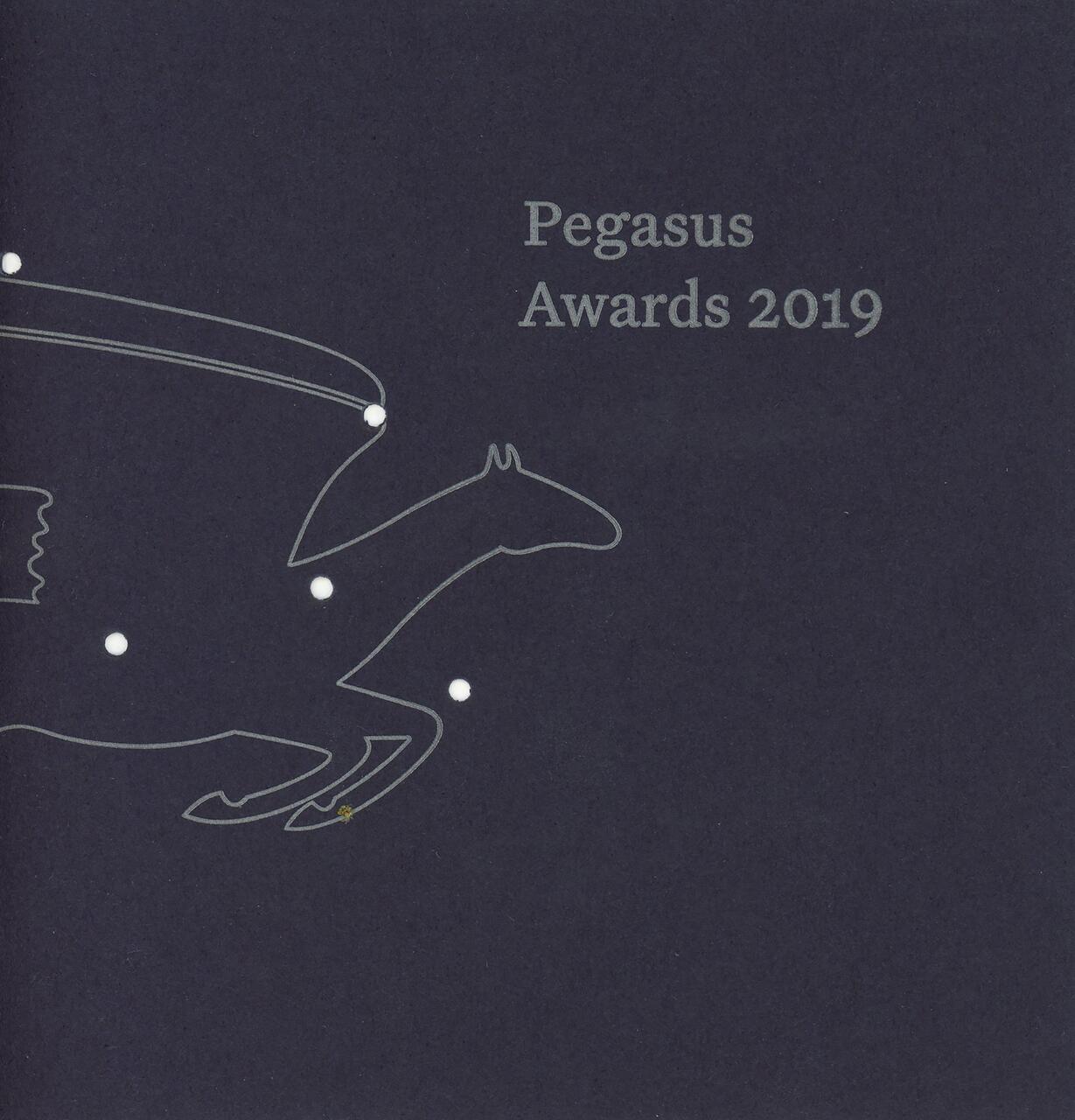 Outline of a Pegasus with star-like dots on a dark blue background, accompanied by the text "Pegasus Awards 2019" in light gray.