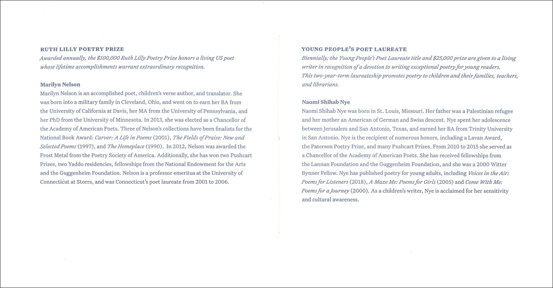 Text detailing the Ruth Lilly Poetry Prize awarded to Marilyn Nelson and the Young People's Poet Laureate title awarded to Naomi Shihab Nye, recognizing their contributions to poetry.