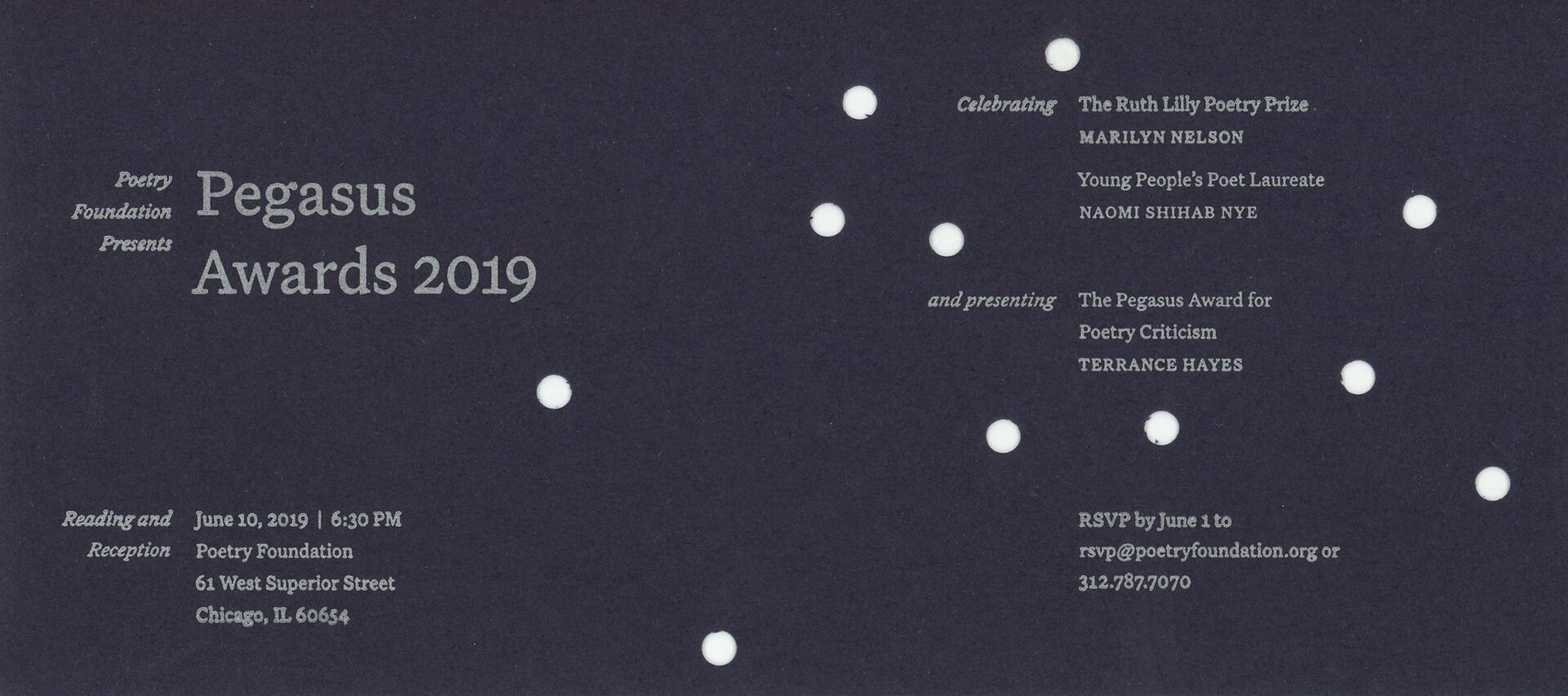 Pegasus Awards 2019 event invitation from Poetry Foundation, featuring dates, venue details in Chicago, and honorees' names. Background is dark with scattered white dots.