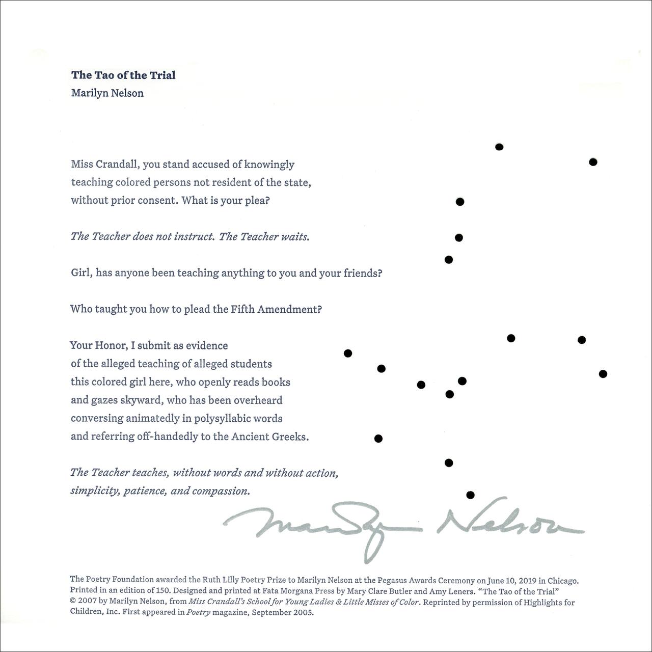 Typed poem titled "The Tao of the Trial" by Marilyn Nelson, interspersed with black circles. Below the poem is a cursive signature and small text crediting the Poetry Foundation and publication details.