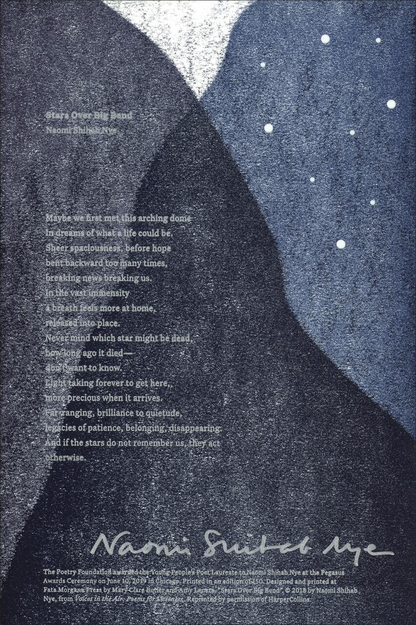 Poem titled "Stars Over Big Bend" by Naomi Shihab Nye, printed on a textured, dark blue and gray background with white speckles resembling stars. The author's signature is at the bottom.