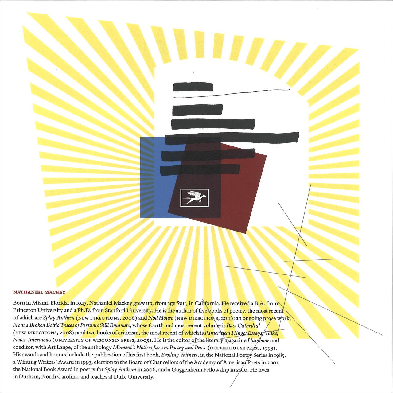 Abstract graphic with overlapping blue, red, and black rectangles on a background of radiating yellow lines. Features a smaller black square with a white winged emblem. Text surrounds the design.