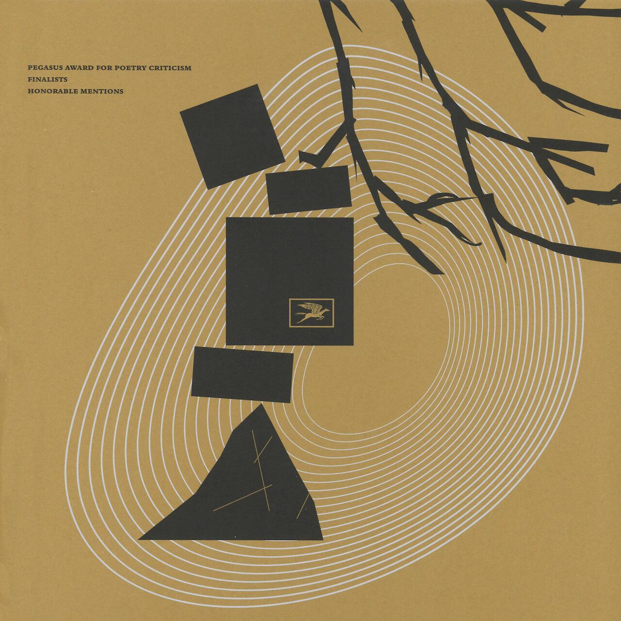 Abstract graphic with black geometric shapes on a mustard background, intersected by curved white lines and jagged black branches. One rectangle features a small yellow icon of a winged creature.