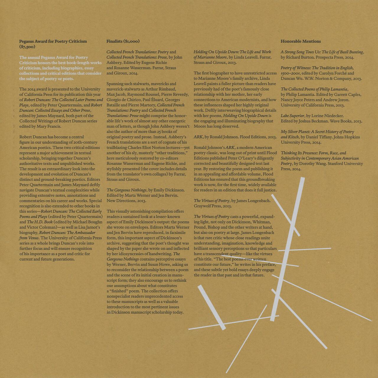 Yellow background with text detailing poetry awards and finalists. Headings include "Pegasus Award for Poetry Criticism," "Finalists," and "Honorable Mentions." Names of books, authors, and publishers are listed. A white abstract graphic with intersecting lines is at the bottom right.