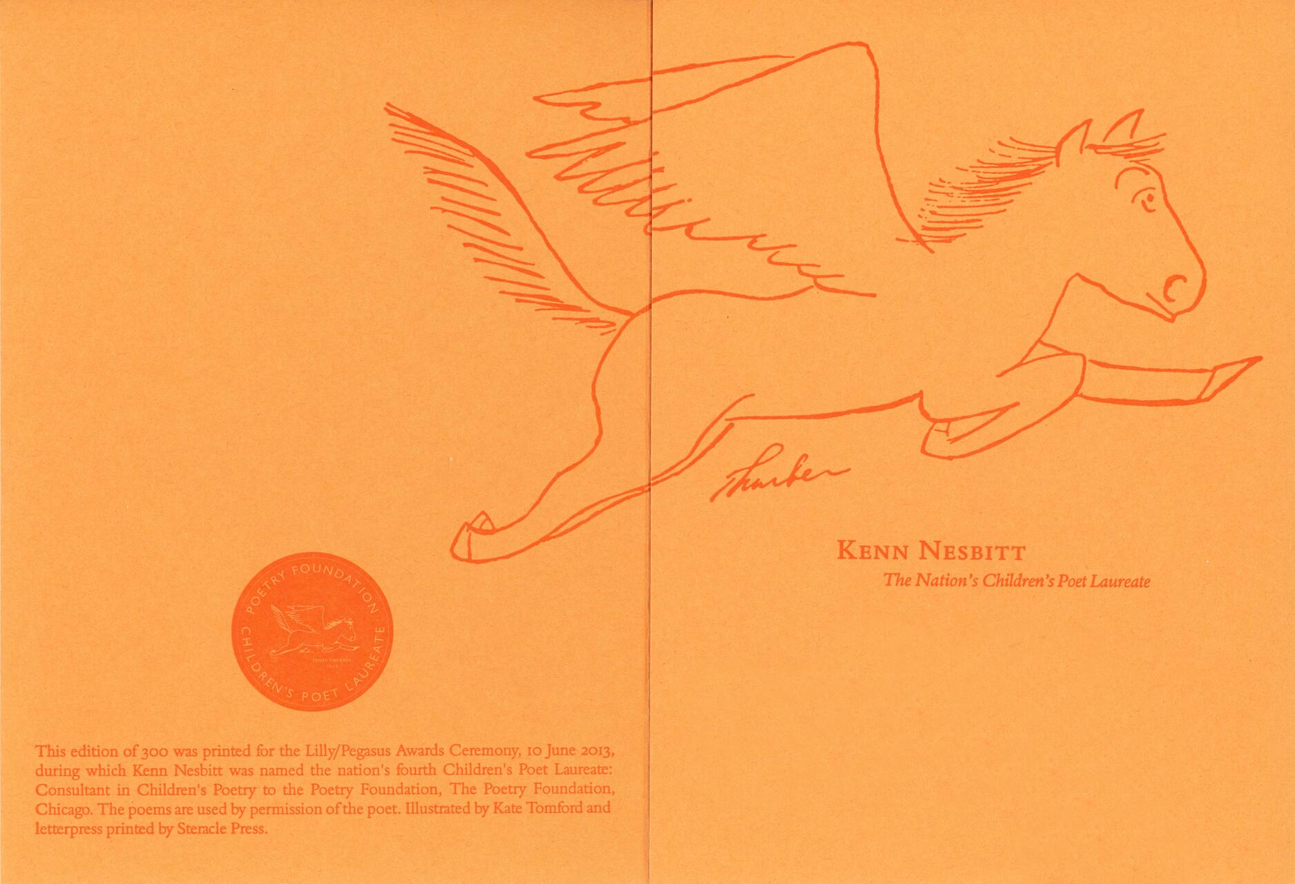 Drawing of a flying horse with wings on an orange background, accompanied by the name "Kenn Nesbitt" and the title "The Nation's Children's Poet Laureate" in red text.