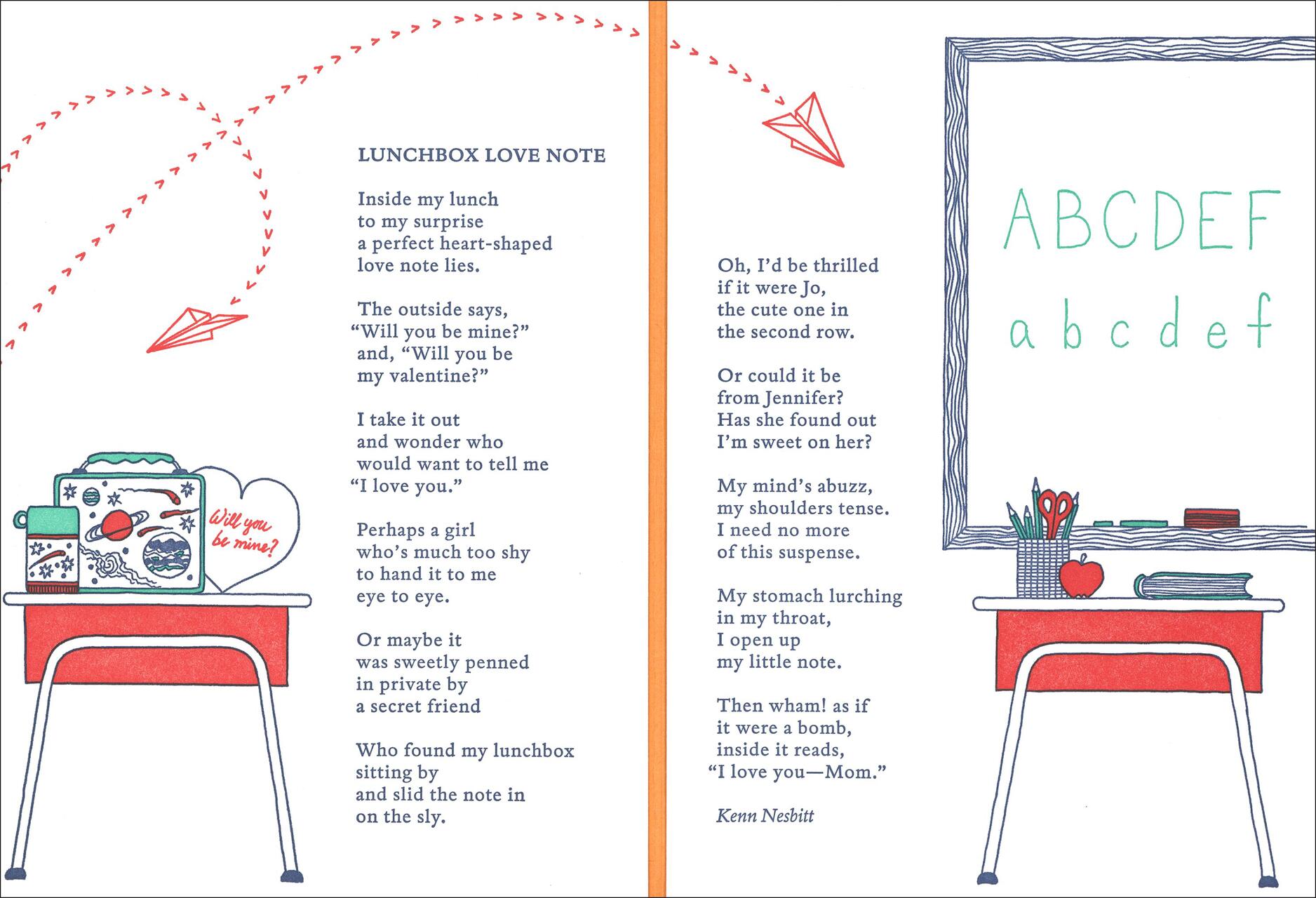 A poem titled "Lunchbox Love Note" with illustrations. On the left, a desk holds a lunchbox with planets and a heart-shaped note. On the right, a chalkboard shows "ABCDEF, abcdef." Red paper planes fly across the page.