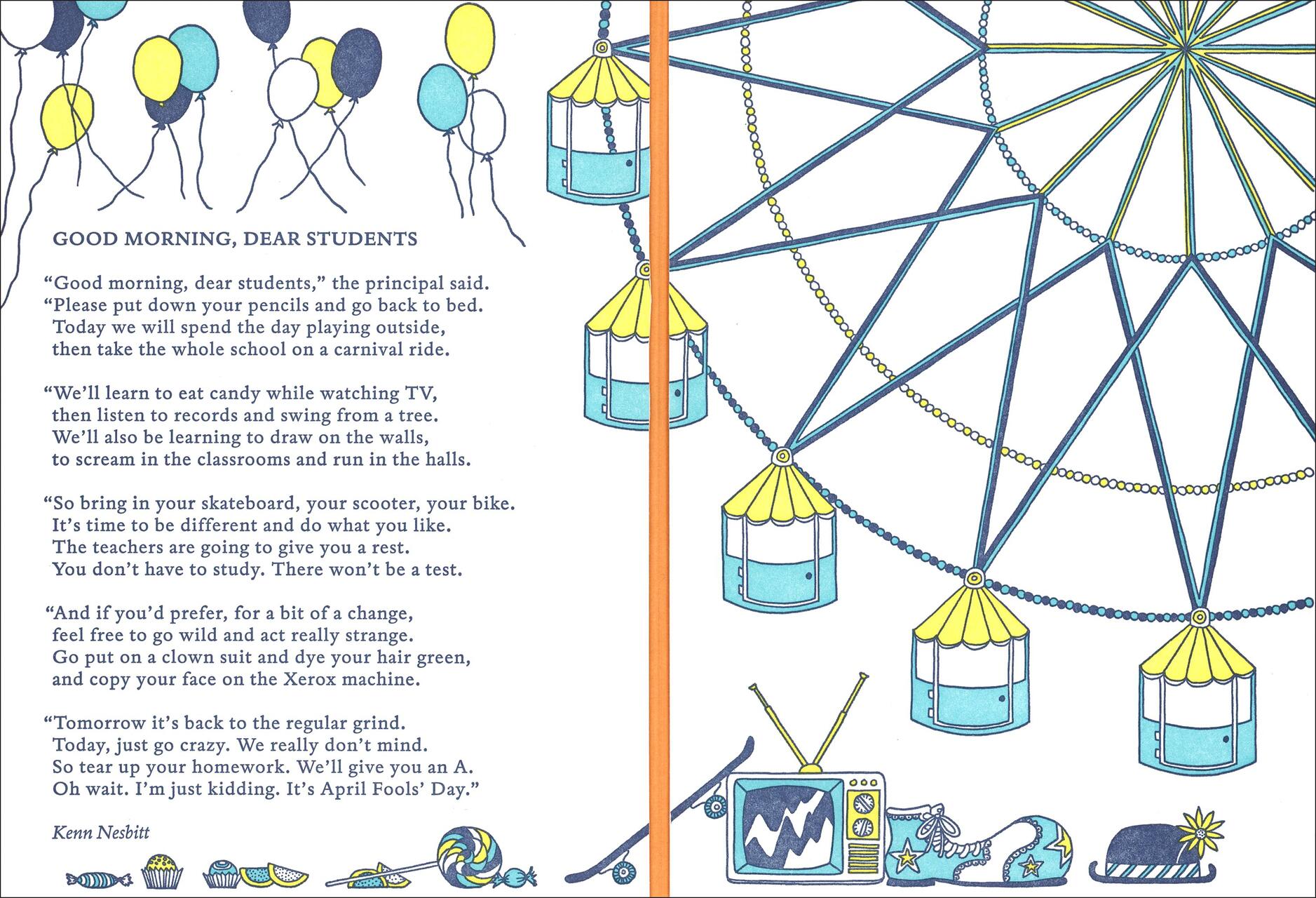 Colorful illustration of a poem about a humorous school announcement. Features balloons, a Ferris wheel, and whimsical objects like a clown shoe and a TV. The playful theme is emphasized with bright yellow, blue, and teal colors.