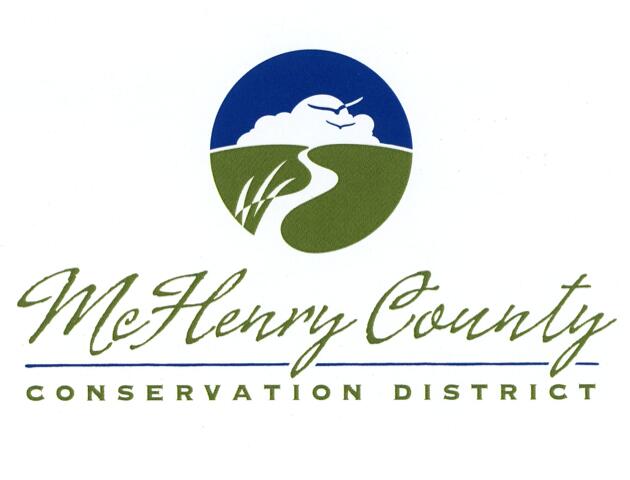 Logo with a circular landscape, featuring a path through greenery and a bird flying above clouds. Below, scripted text reads "McHenry County" and block letters say "Conservation District."