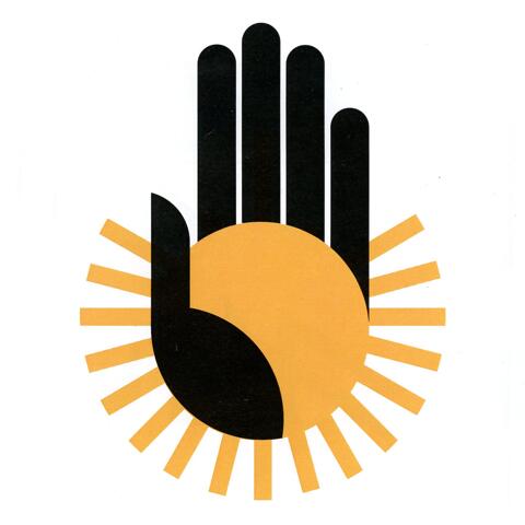 Stylized graphic of an upright black hand with fingers extended against a sunburst design, featuring a yellow circle with rays.