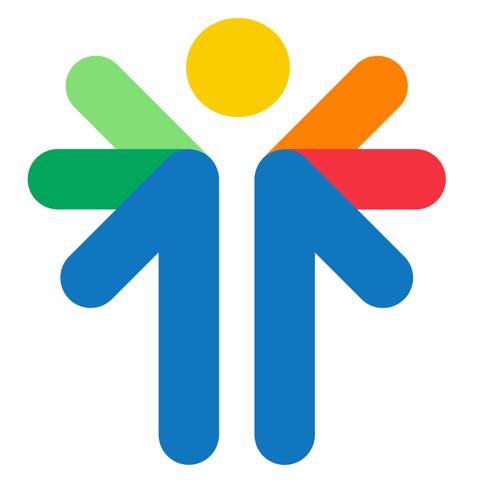 Logo with a central yellow circle and four arms in green, orange, red, and blue, resembling figures with arms outstretched, conveying unity.