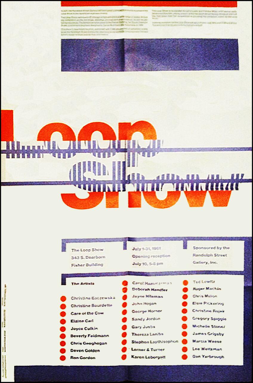 Poster for "Loop Show" featuring large text with overlapping graphic lines. Below, a list of artists' names in a grid format. The design uses red, blue, and white colors with text detailing event location and dates.