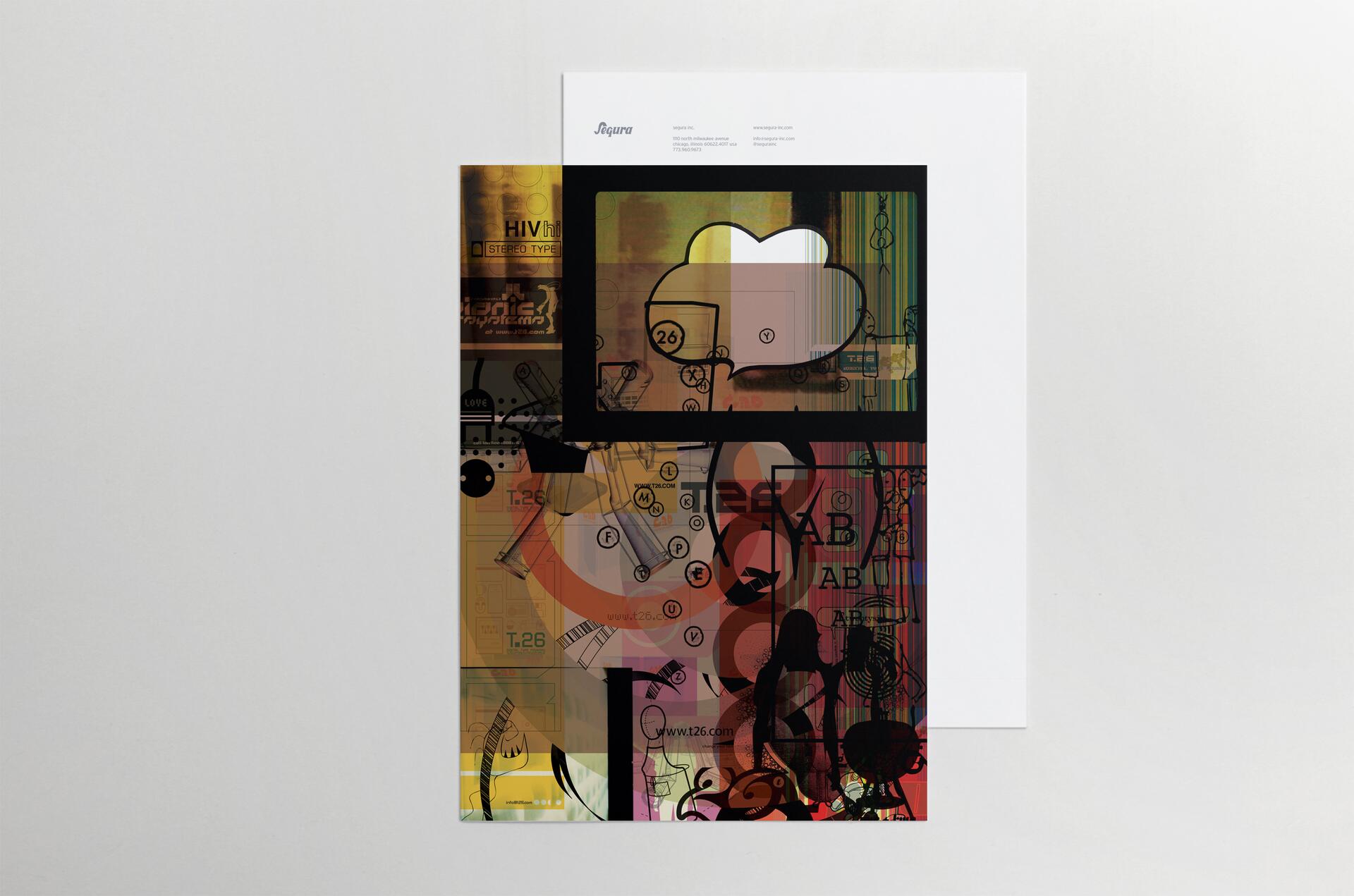 Abstract graphic design with overlapping shapes, text, and vibrant colors on a paper, featuring a large speech bubble and layered patterns.