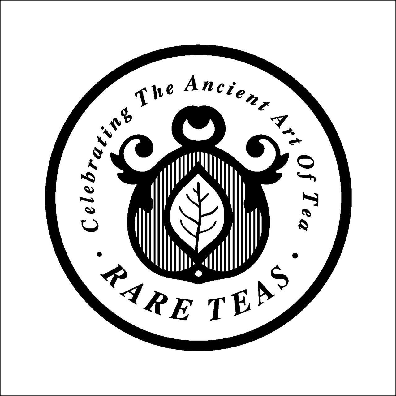 Logo with a black circular design, featuring a stylized tea leaf in the center and the text “Celebrating the Ancient Art of Tea” and “RARE TEAS” around it.