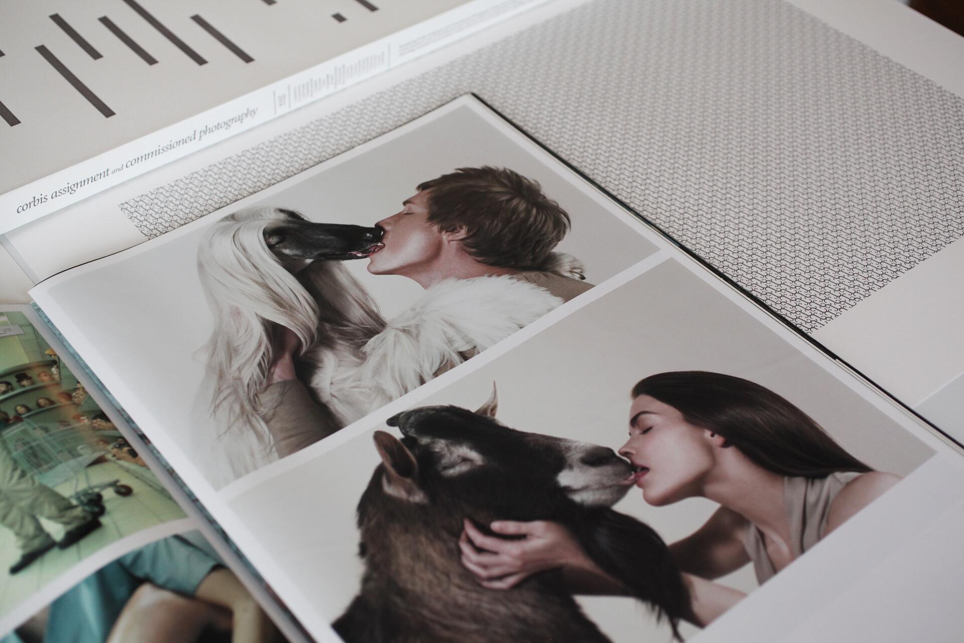 Two side-by-side photographs showing a person close with an animal. The top image depicts a person with a dog, while the bottom shows another person with a goat. Both animals and people have their mouths close together, creating an intimate visual.