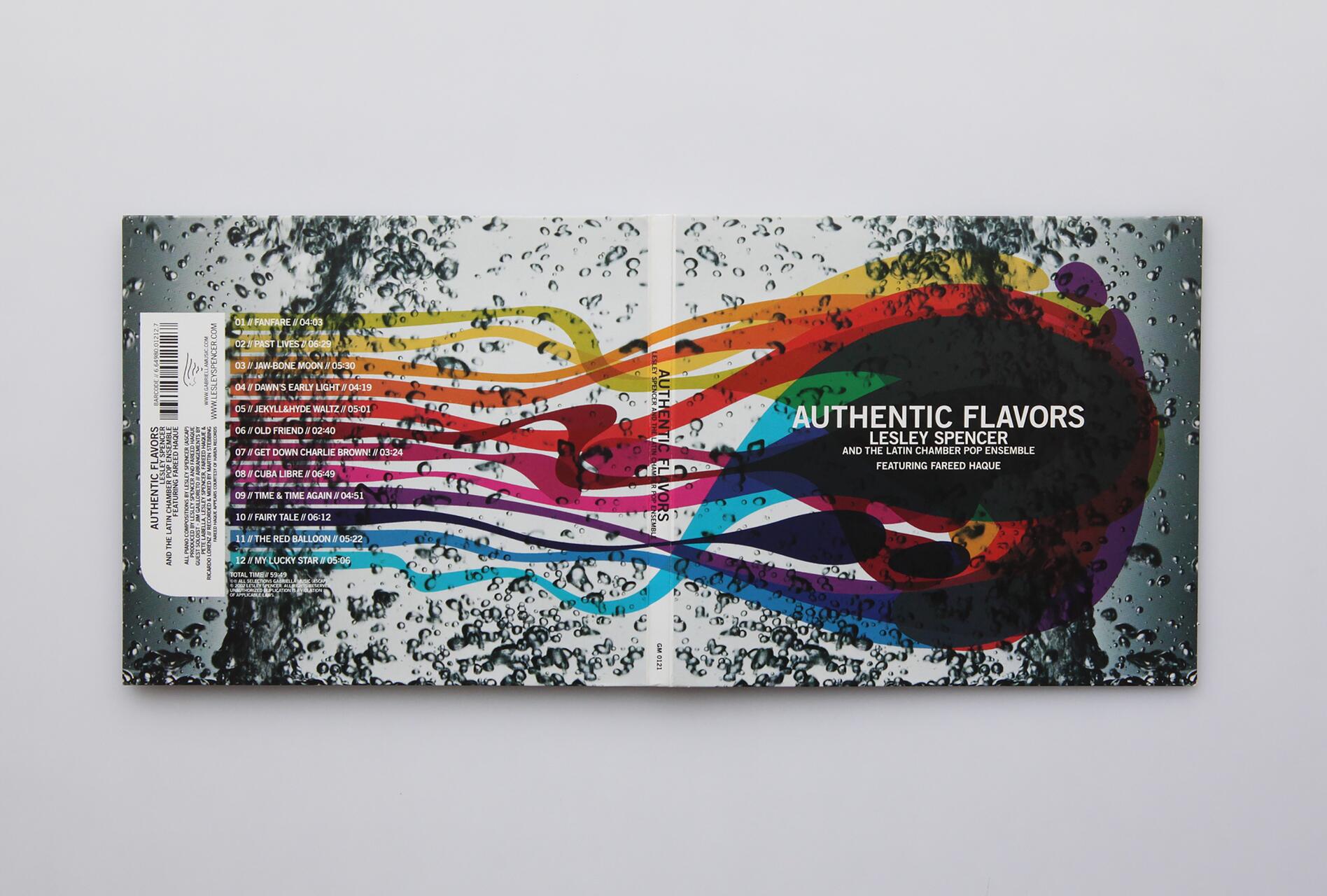 CD cover for "Authentic Flavors" by Lesley Spencer, featuring colorful, flowing lines against a background of water droplets.