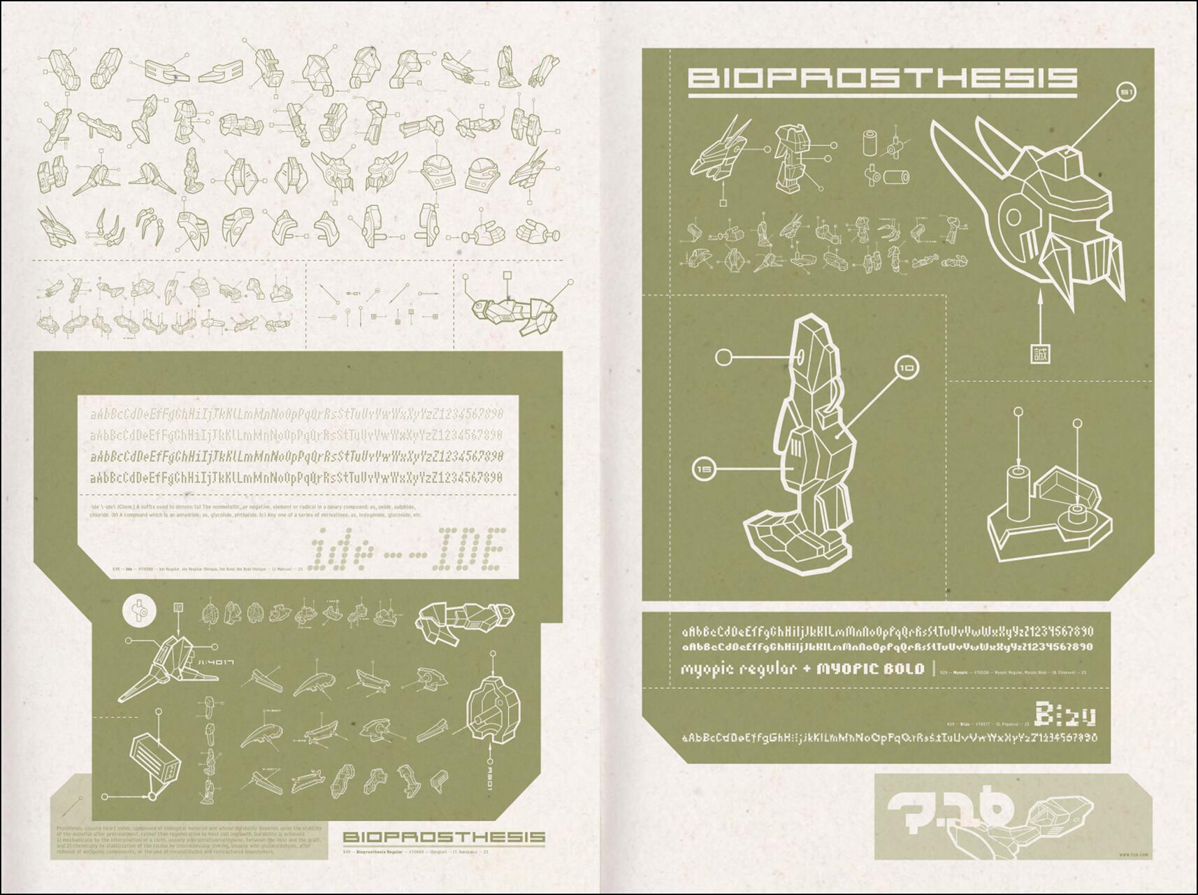 Futuristic blueprint and typography design featuring mechanical components and schematic diagrams labeled "BIOPROSTHESIS" on a green background. Includes alphabet samples, various mechanical parts, and organized technical drawings.