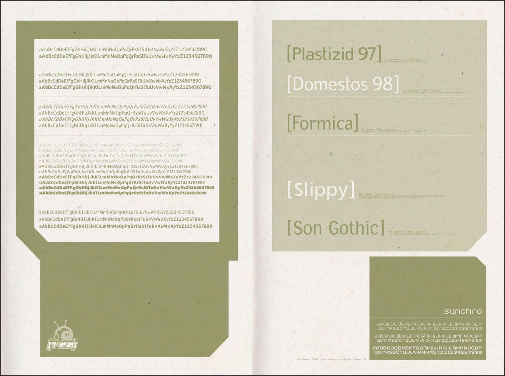 Two-page graphic displaying samples of various fonts, including Plastizid 97, Domestos 98, Formica, Slippy, and Son Gothic, on a green and white background. The design includes a lowercase and uppercase alphabet with numbers.