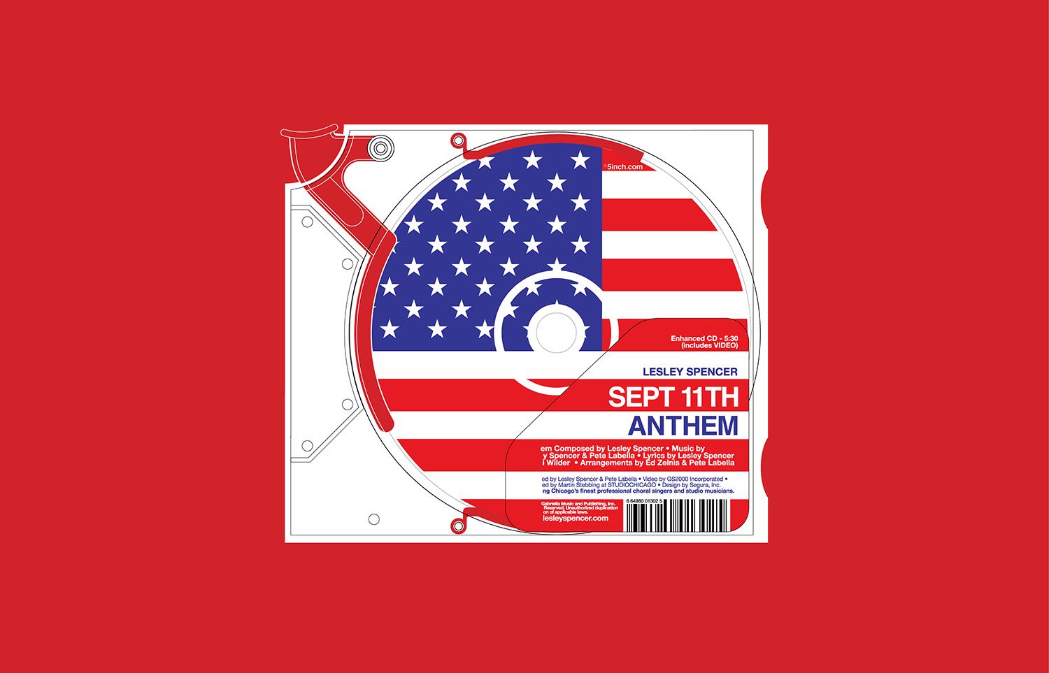 CD design featuring the American flag with stars and stripes, set against a red background. Text includes "Sept 11th Anthem" and "Lesley Spencer."