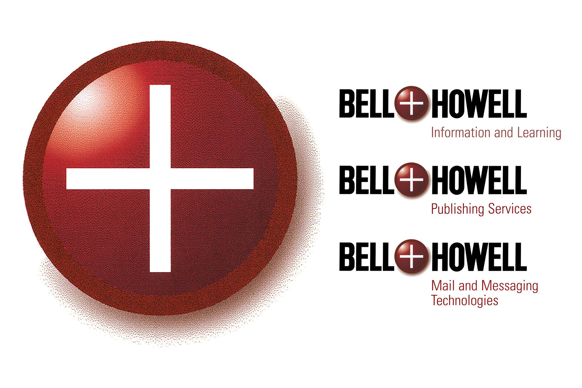 Red circular logo with a white plus sign, accompanied by the text "BELL+HOWELL" in black, followed by service descriptions: "Information and Learning," "Publishing Services," and "Mail and Messaging Technologies" in red.