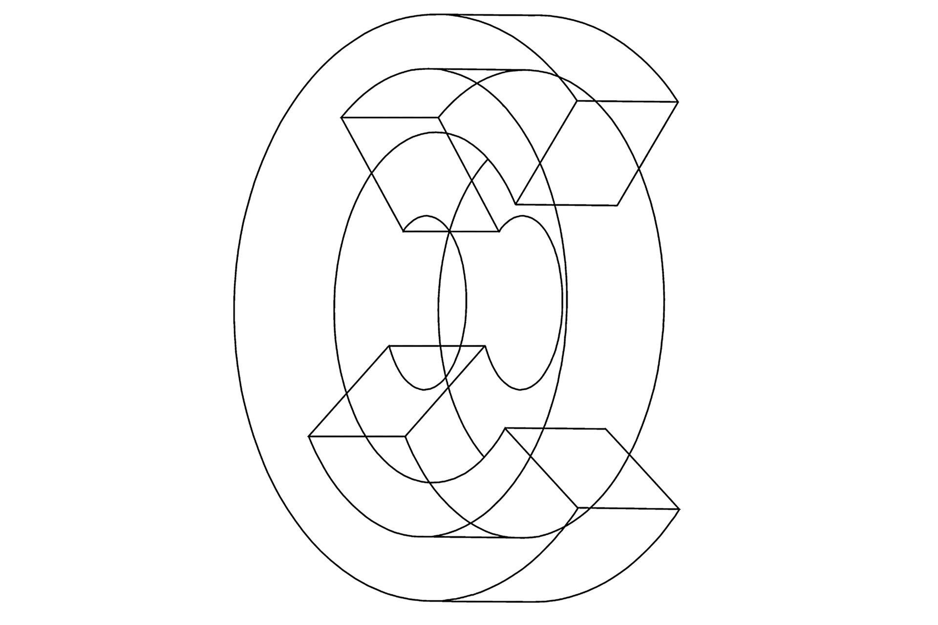 Abstract black and white geometric design featuring overlapping cubes and circular shapes, creating a complex pattern.