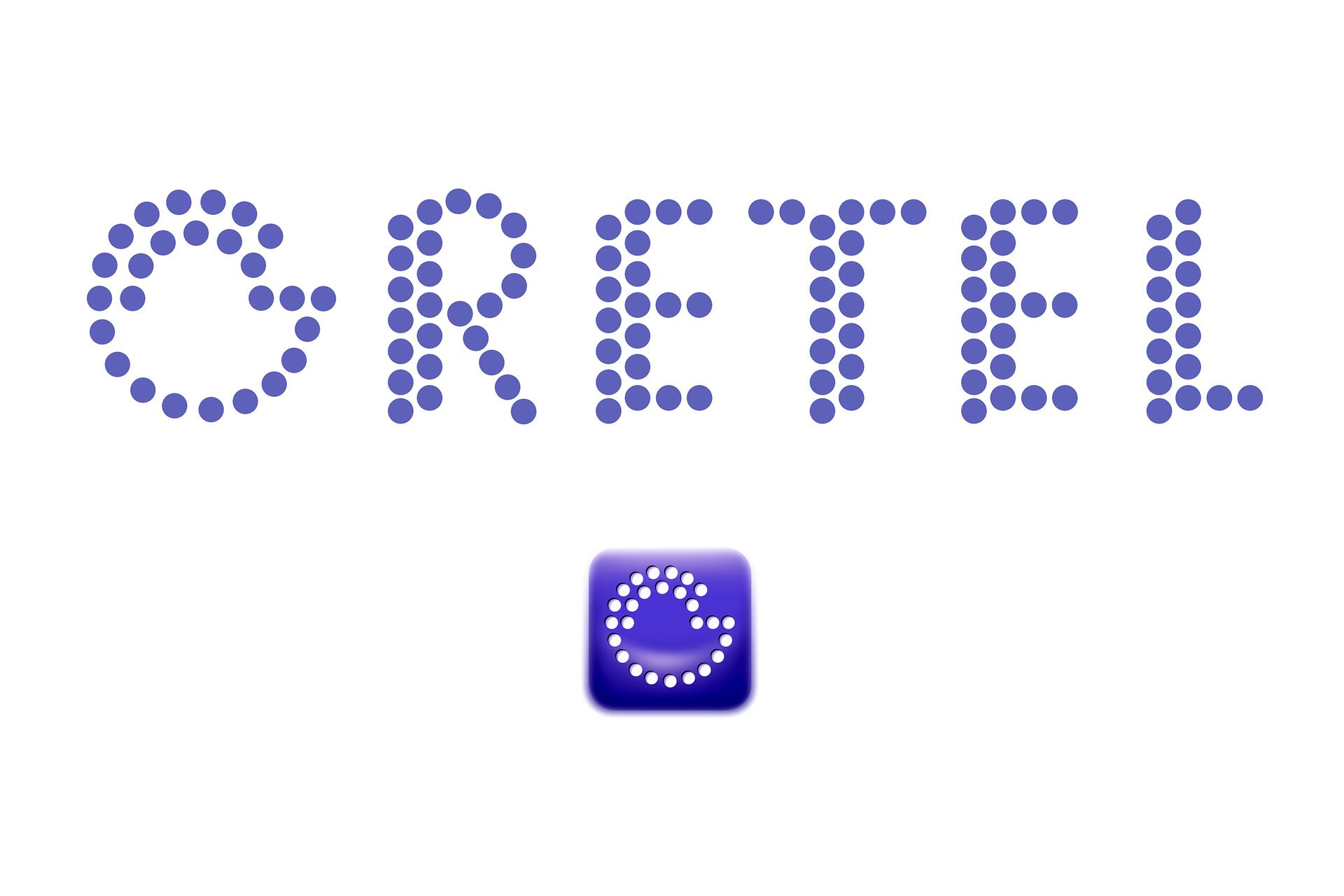 The word "Gretel" in blue dot letters above a blue square with a stylized "G" made of white dots.