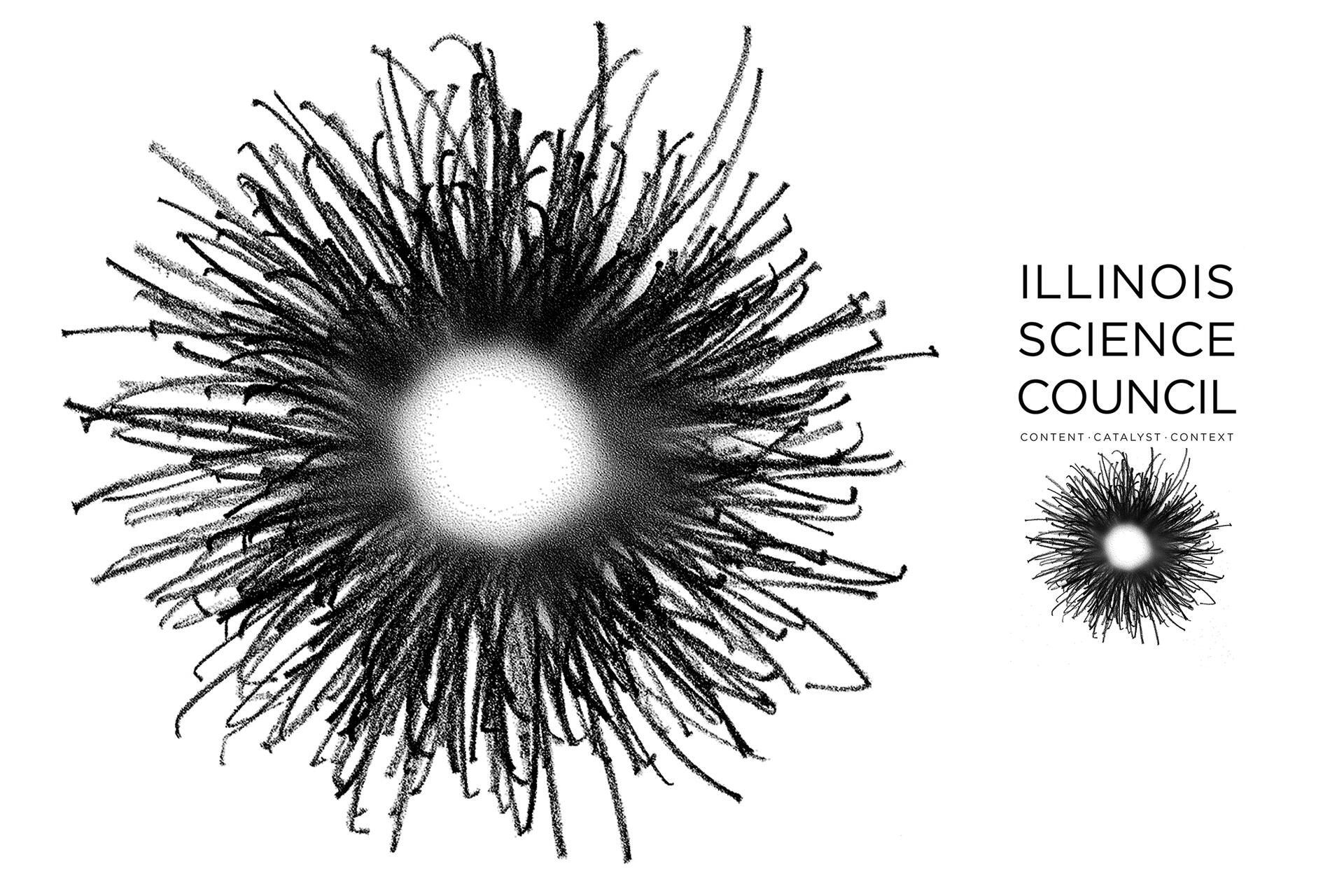 Black and white abstract graphic with radiating lines surrounding a bright center. To the right, text reads "Illinois Science Council."