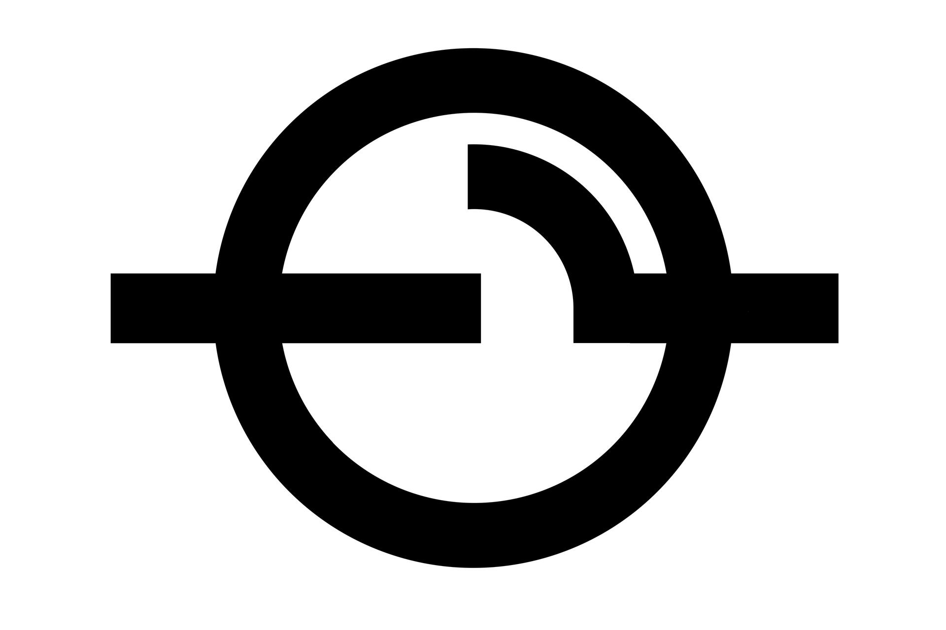 Black circular logo with a horizontal line crossing its center, featuring a stylized “G” design in the middle.