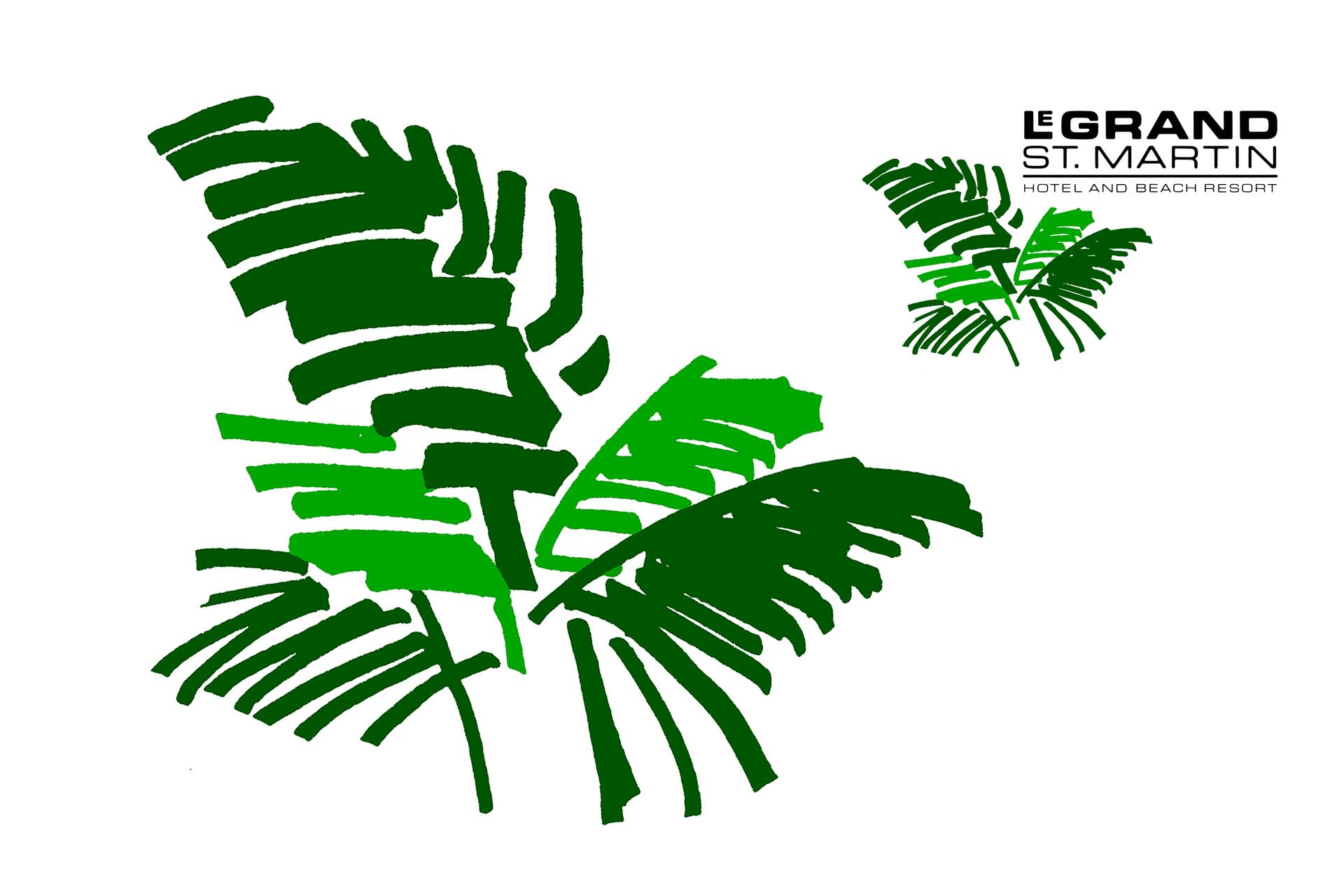 Green tropical leaves illustration with a logo for Le Grand St. Martin Hotel and Beach Resort in the top right corner.